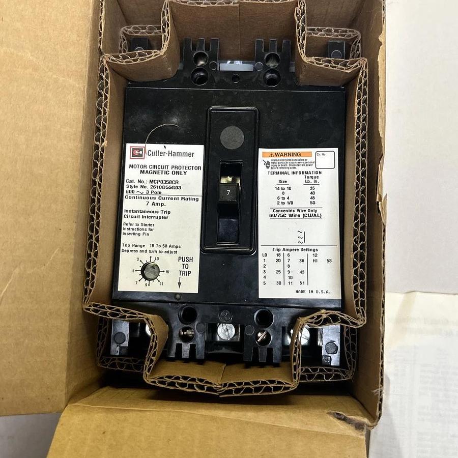 Used EATON CUTLER-HAMMER,MCP0358CR,CIRCUIT BREAKER 7A 600V 3P NEW