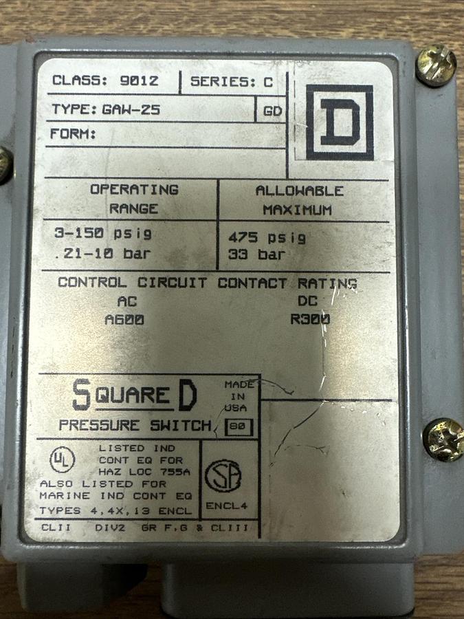 Square D,GAW-25,Pressure Switch