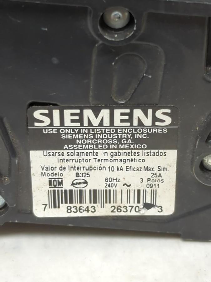 Used SIEMENS,B325,CIRCUIT BREAKER 25 AMP 3-POLE LOT OF 2 PRE-OWNED
