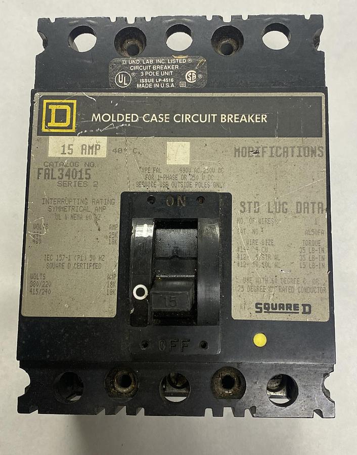 Used SQUARE D,FAL34015,CIRCUIT BREAKER 15A 600V 3 POLE