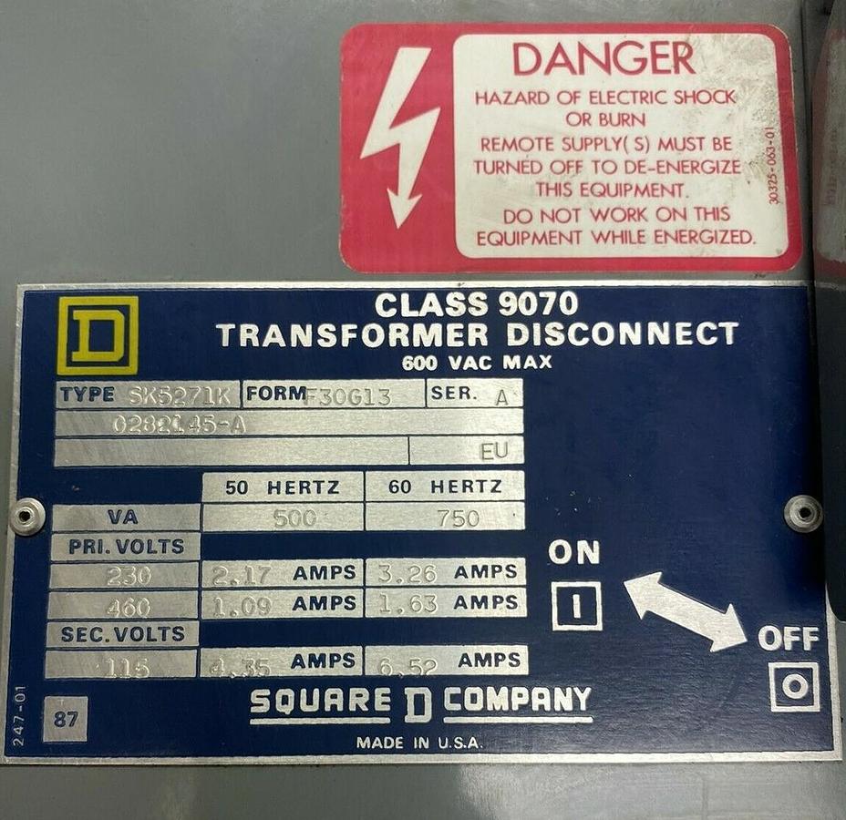 Used SQUARE D,9070-SK5271K-F30G13, TRANSFORMER DISCONNECT SWITCH 600VAC