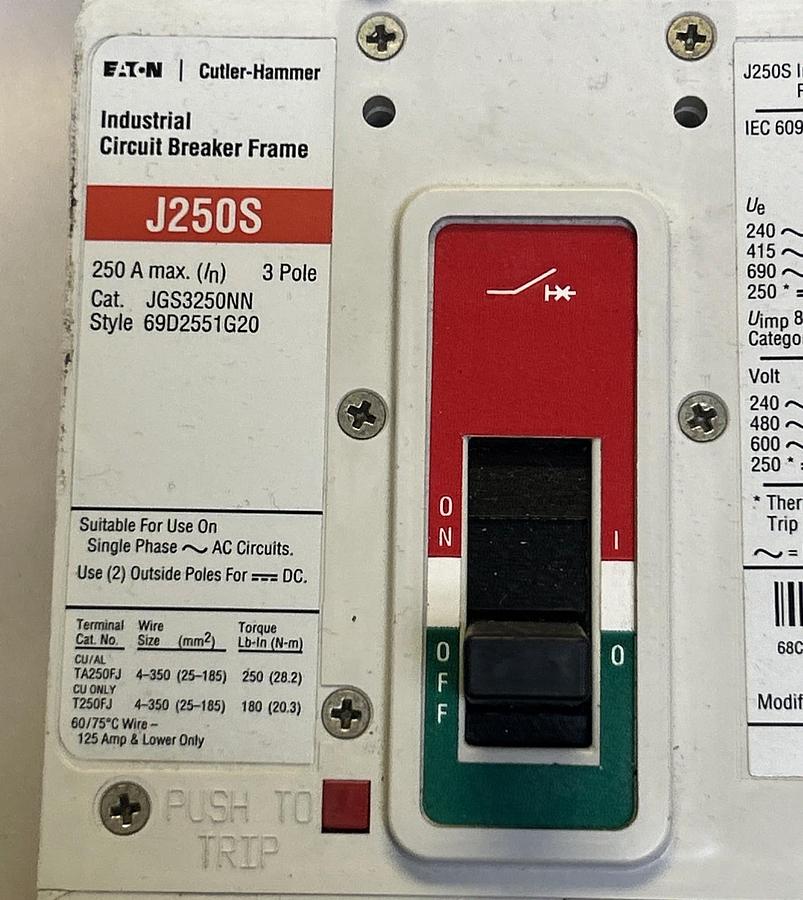 Used EATON,JGS3250NN,CIRCUIT BREAKER 250A 6000V 3P