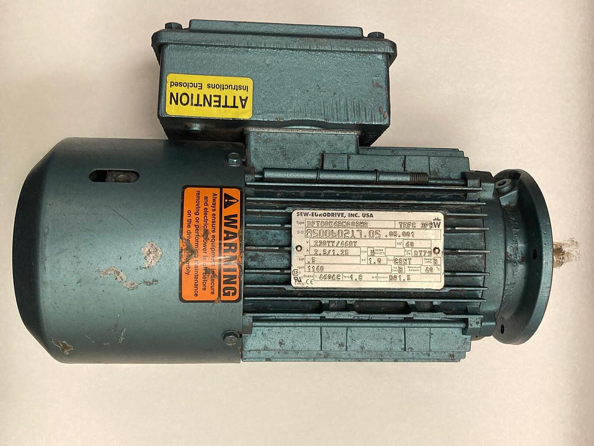 Used Sew-Eurodrive,DFT80K6BMG05HR,0.5 HP Gearmotor 1140 RPM 230YY/460Y Volts