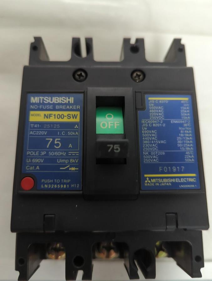 Used MITSUBISHI,NF100-SW,CIRCUIT BREAKER 75 AMP 3-POLE PRE-OWNED
