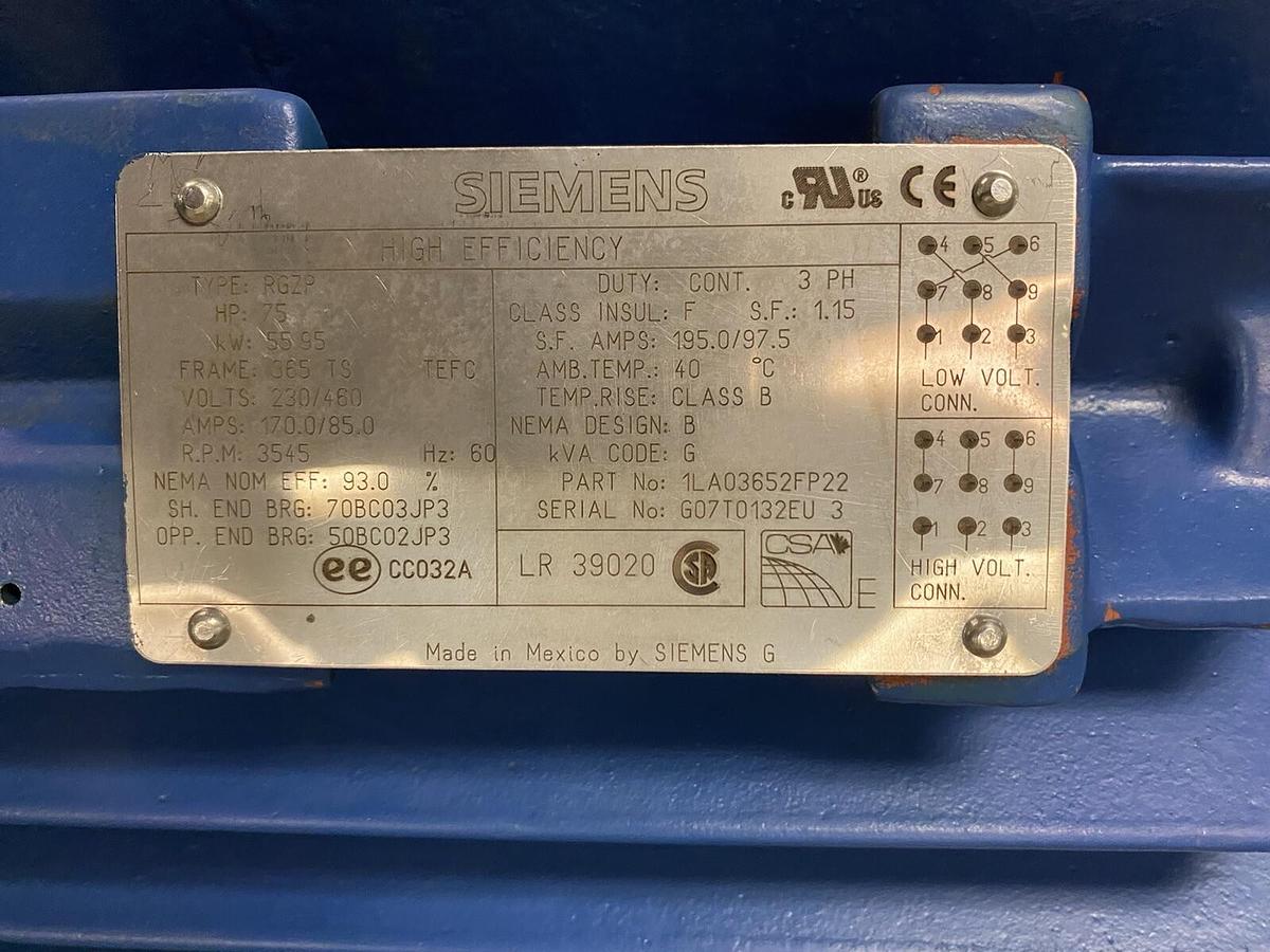 Used SIEMENS,RGZP,75HP MOTOR 365TS 3545RPM 230/460V