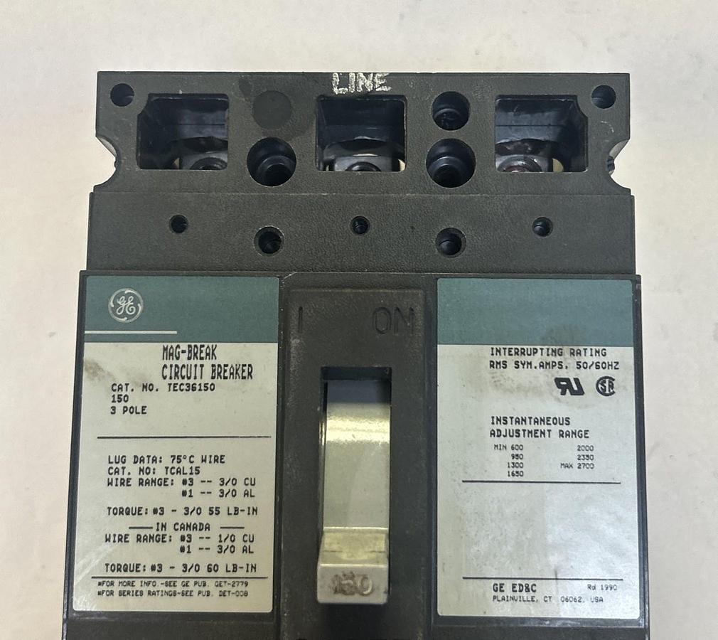 Used GENERAL ELECTRIC GE,TEC36150,CIRCUIT BREAKER 150A 600V 3P