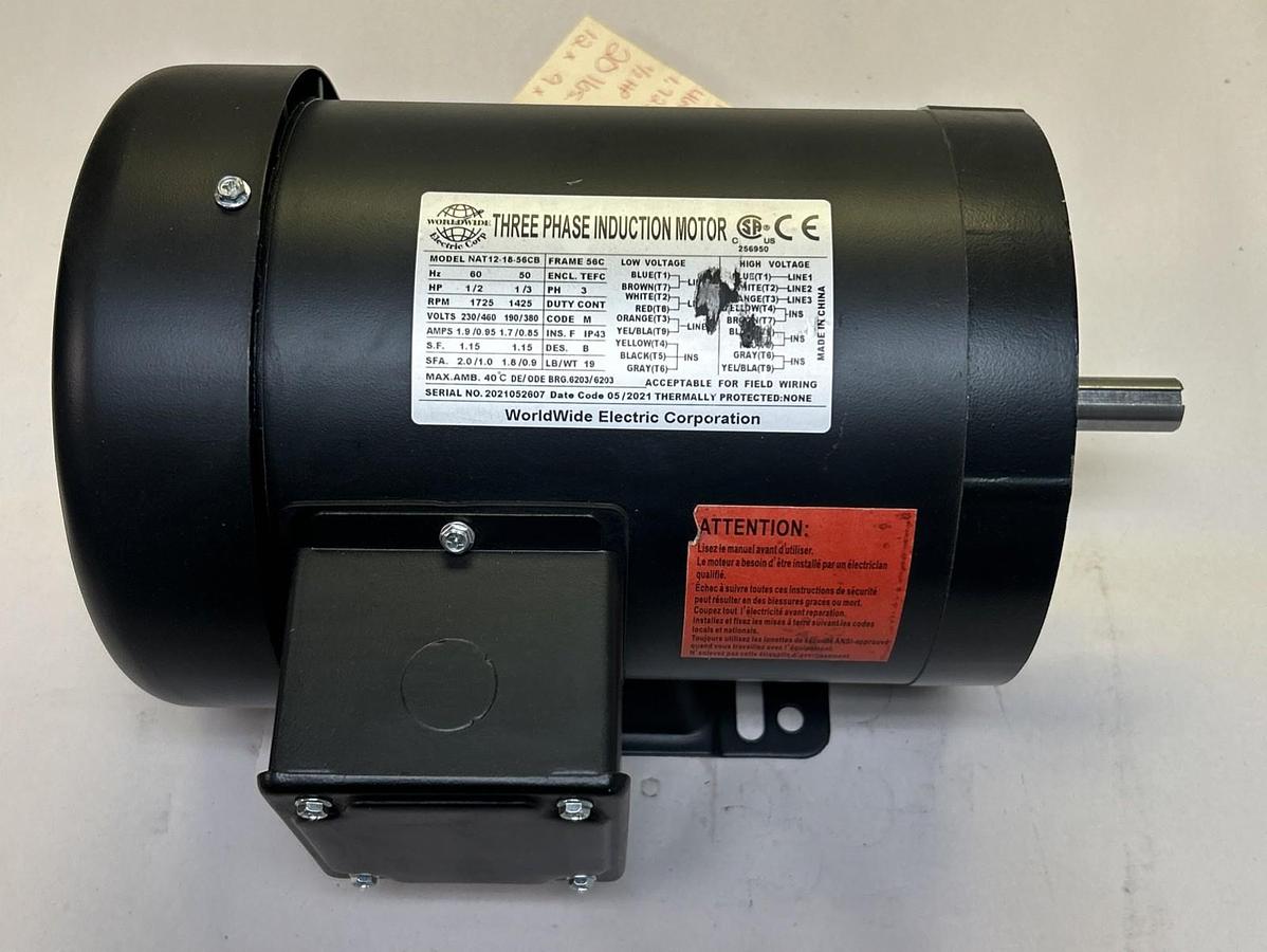 WORLDWIDE ELECTRIC,NAT12-18-56CB,INDUCTION MOTOR 1/2HP 1725RPM 230/460V 56C FR