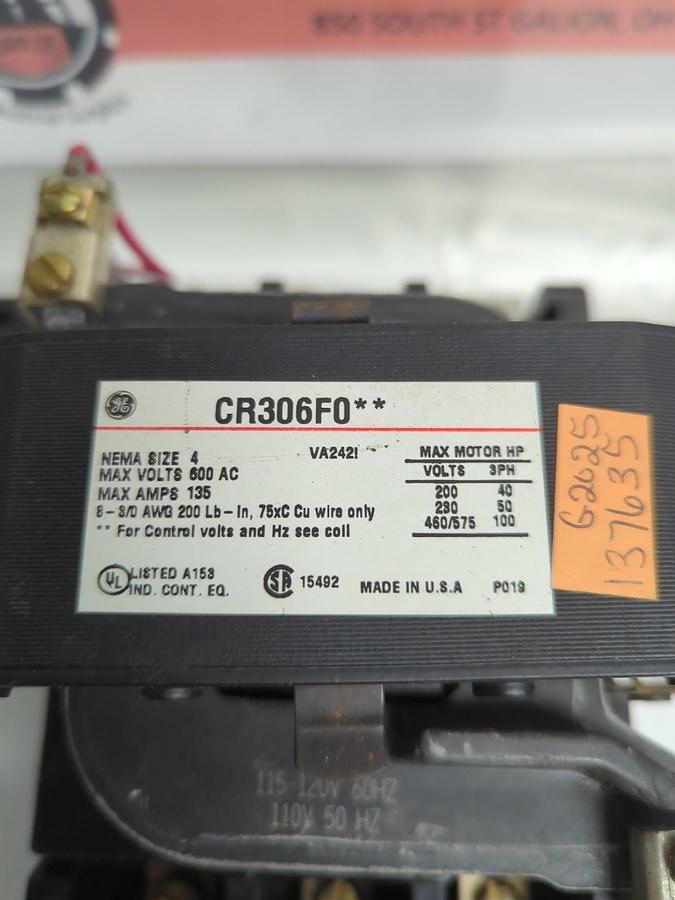 Used GE,CR306F0,SIZE 4 MOTOR STARTER 600AC 135AMP PRE-OWNED