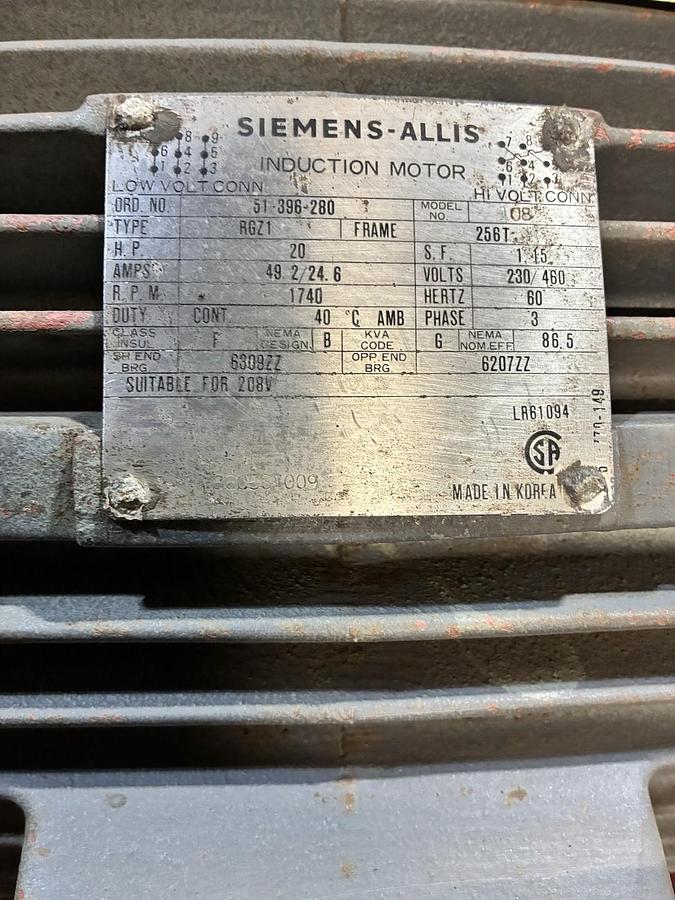 Used SIEMENS ALLIS,RGZ1,INDUCTION MOTOR 20HP 1740RPM 3PH 256T