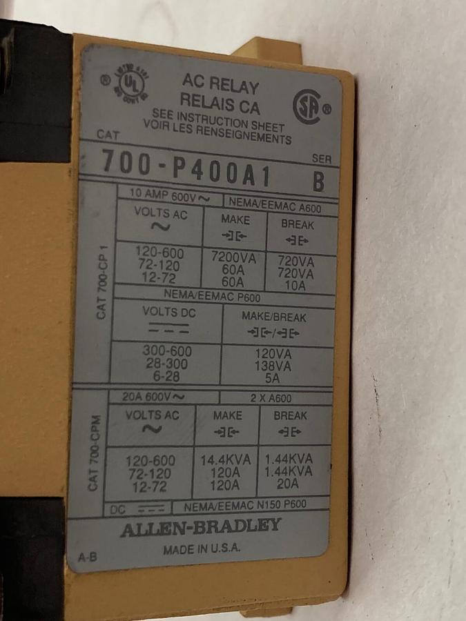 Used Allen-Bradley,700-P400A1,AC Relay Type P Ser B