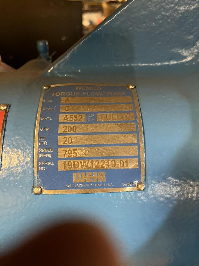 Used WEMCO,4X3X14,MODEL C TORQUE FLOW CENTRIFUGAL PUMP NI HARD/CHROME CONSTRUCTION