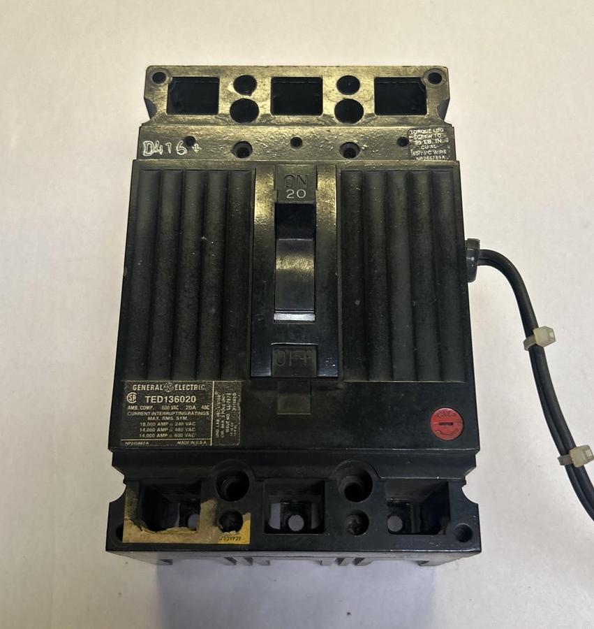 Used GENERAL ELECTRIC,TED136020,CIRCUIT BREAKER 20A 600V 3P