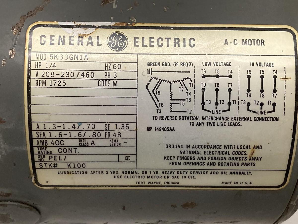 Used General Electric,5K33GN1A,3 Phase AC Electric Motor 1725 RPM 1/4 HP Sub Pump