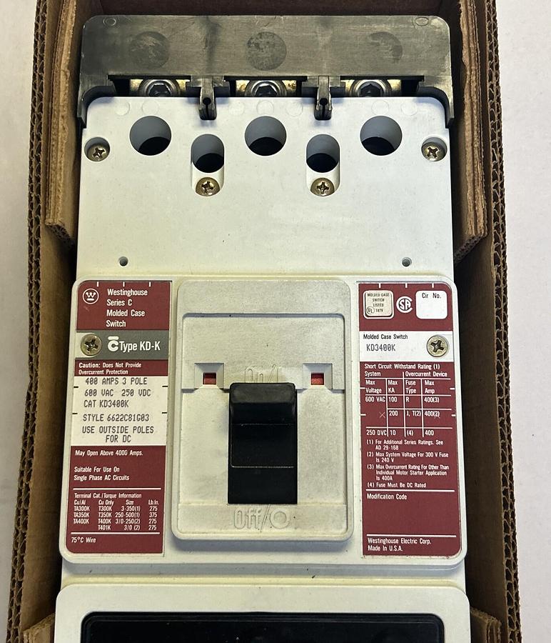 WESTINGHOUSE,KD3400K,CIRCUIT BREAKER 400AMP 3POLE 600VAC NEW