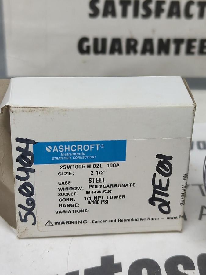 ASHCROFT,25W1005 H 02L,PRESSURE GAUGE 2-1/2 IN 1/4 IN LOWER NPT 0-100PSI NOS
