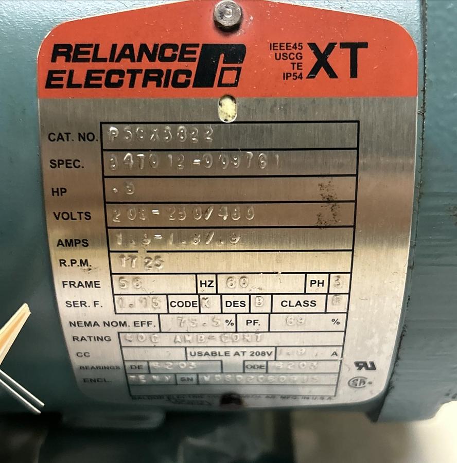 Used BALDOR RELIANCE,P56X3822,MOTOR 1/2HP 1725RPM 208-230/460V 3PH 58 FRAME