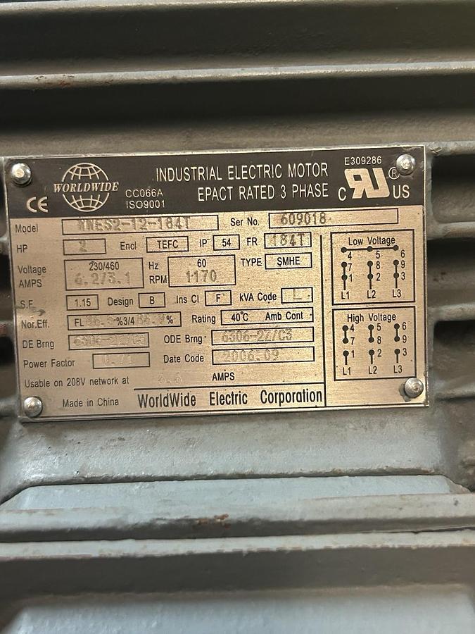 Used WORLDWIDE ELECTRIC,WWES2-12-184T,MOTOR 2HP 230/460V 1170RPM 3PH 184T FRAME