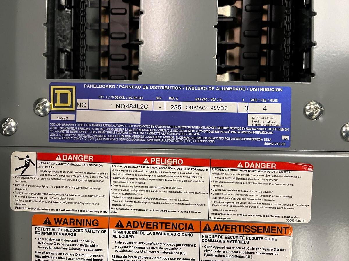 SQUARE D,NQ484L2C,PANELBOARD ENCLOSURE 225A 240V 84C 3PH 4W