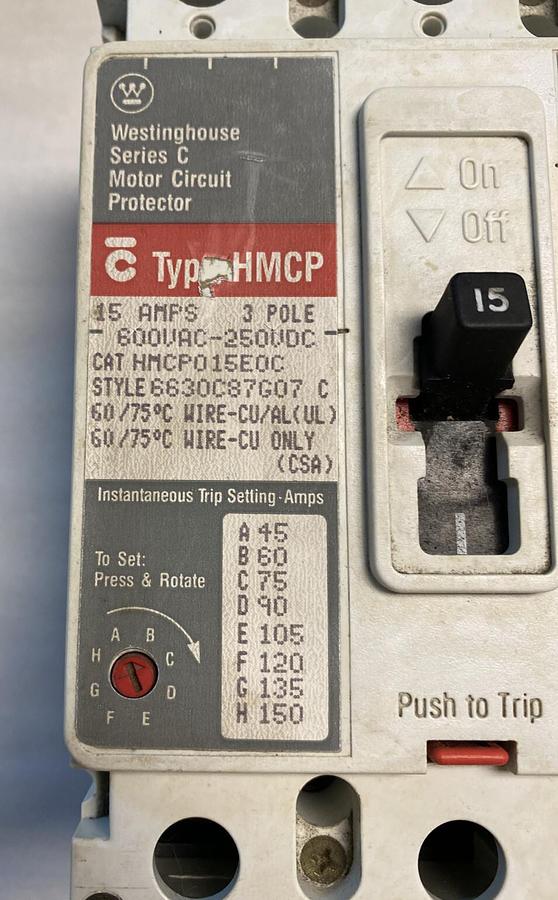Used Westinghouse,HMCP015E0C,Motor Circuit Protector 15AMP 600V