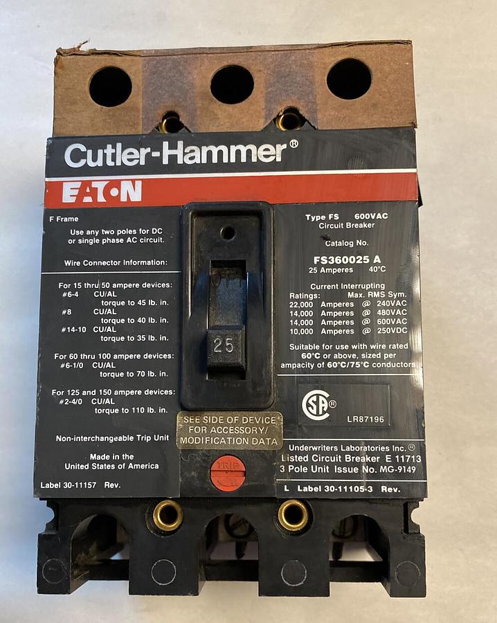 Used Cutler-Hammer,FS360025,Circuit Breaker 25AMP 600V 3 Pole
