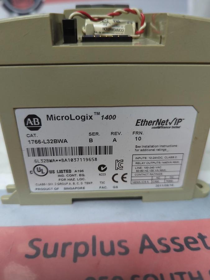 Used ALLEN BRADLEY,1766-L32BWA,MICROLOGIX CONTROLLER SER B REV A FRN 10 PRE-OWNED