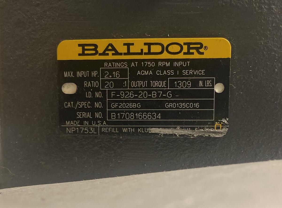 Baldor,F-926-20-B7-G,Gear Speed Reducer GF2026BG Ratio 20 2.16Hp 13.09 In-Lbs