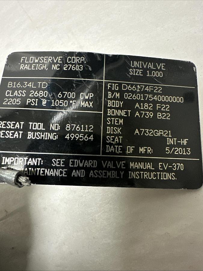 Used Flowserve,D66174F22,1" Univalve