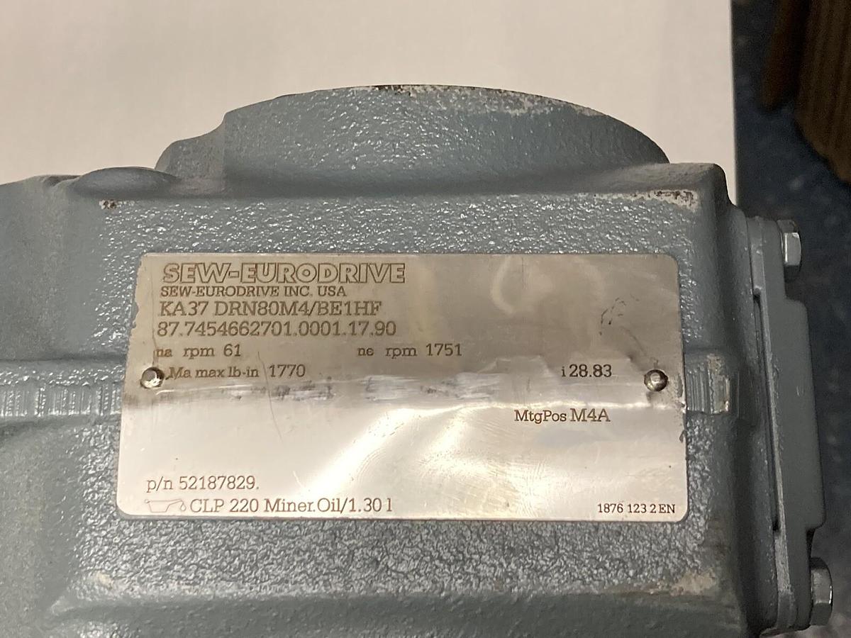 Used Sew-Eurodrive,KA37 DRN80M4/BE1HF,1 HP Gearmotor Ratio 28.83 1751/61 RPM