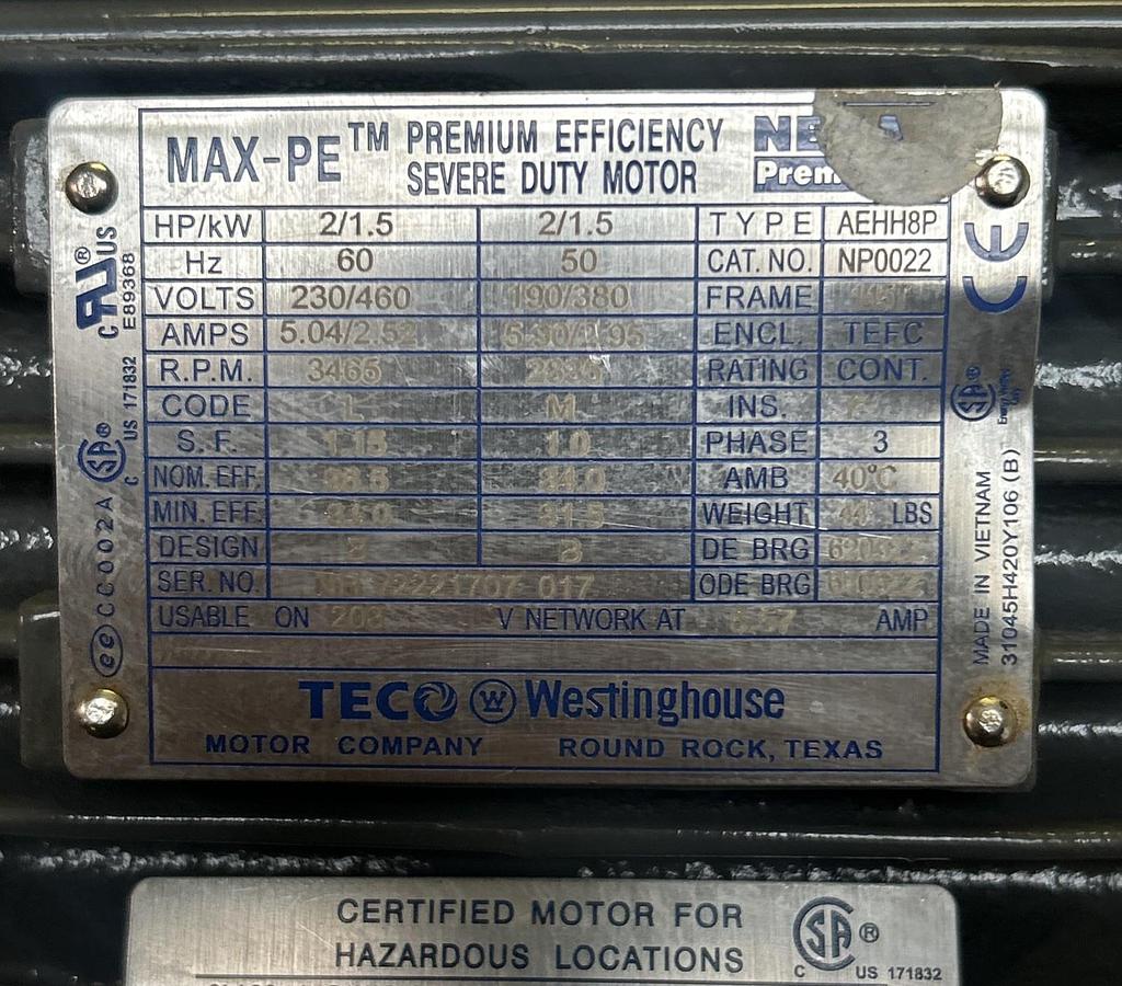 TECO-WESTINGHOUSE,NP0022,SEVERE DUTY MOTOR 2HP 3465RPM 230/460V 145T FRAME NOS