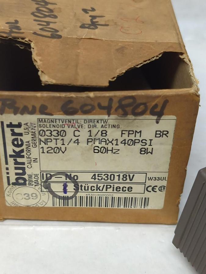 URKERT,453018V,SOLENOID VALVE 0330 C 1/8 FPM BR NPT 1/4 NOS
