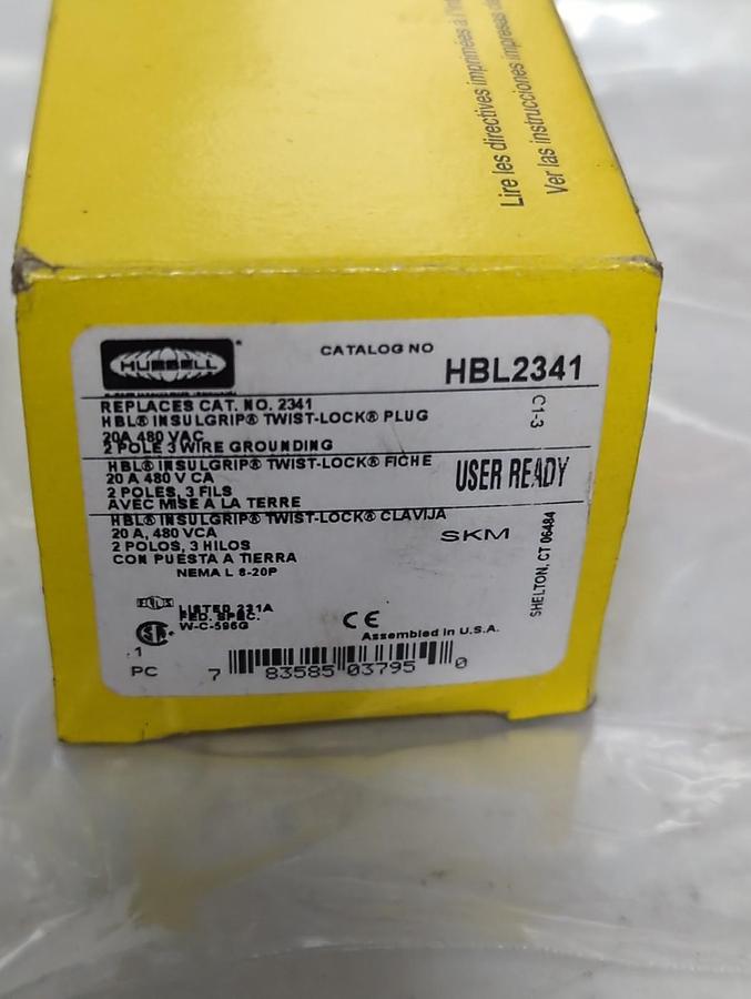 HUBBELL,HBL2341,INSULGRIP TWIST-LOCK PLUG 20A 480V CA LOT OF 2 NOS