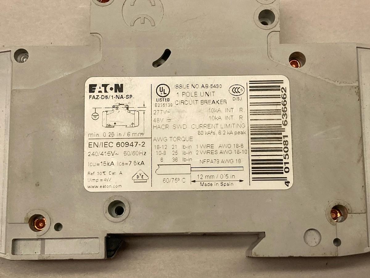 Used Eaton,FAZ-D5/1-NA,1-Pole Circuit Breaker 5A 277V Moeller Series LOT OF 2