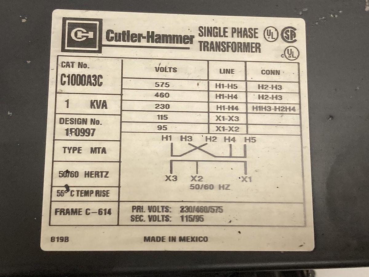 Used Eaton Cutler-Hammer,C1000A3C,Single Phase Transformer