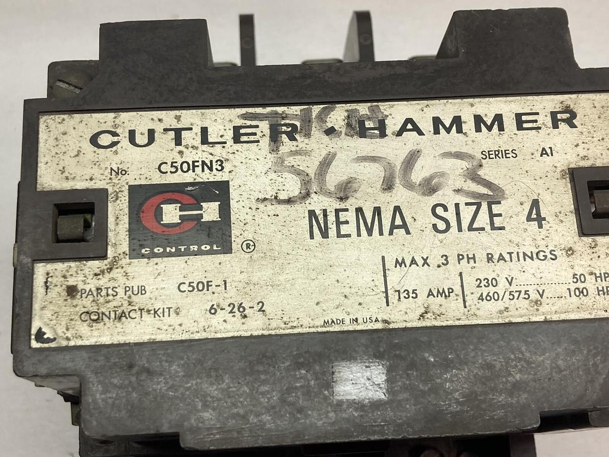 Used Cutler-Hammer,C50FN3,Nema Size 4 Contactor 230V 460/575V Series A1