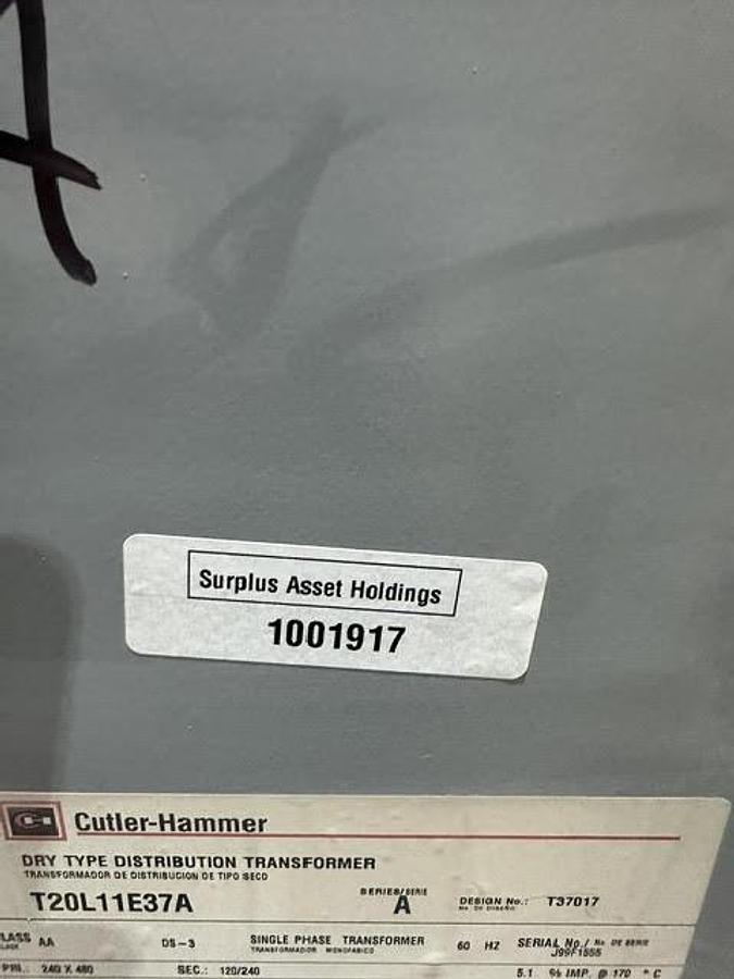 Used Cutler Hammer, T20L11E37A,37.5 KVA Transformer HV 240/480V- LV 120/240V 1PH