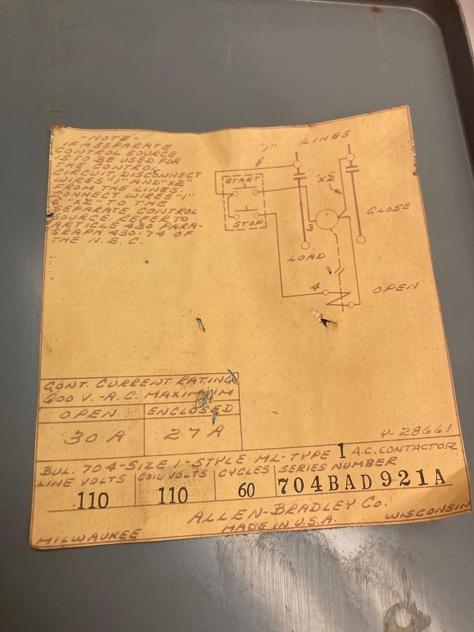 Used Allen-Bradley,704BAD921A,Type 1 Enclosed Reversing Starter 60 Cycles 110V