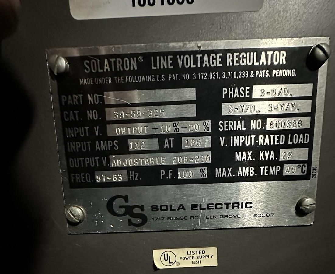 Used Sola,39-59-325,25 KVA Line Voltage Regulator 208/230V +/-10%