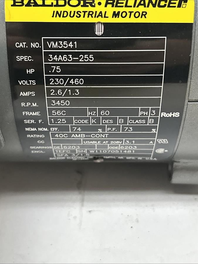 Used BALDOR,VM3541,INDUSTRIAL MOTOR 3/4HP 230/460V 3450RPM 56C FRAME