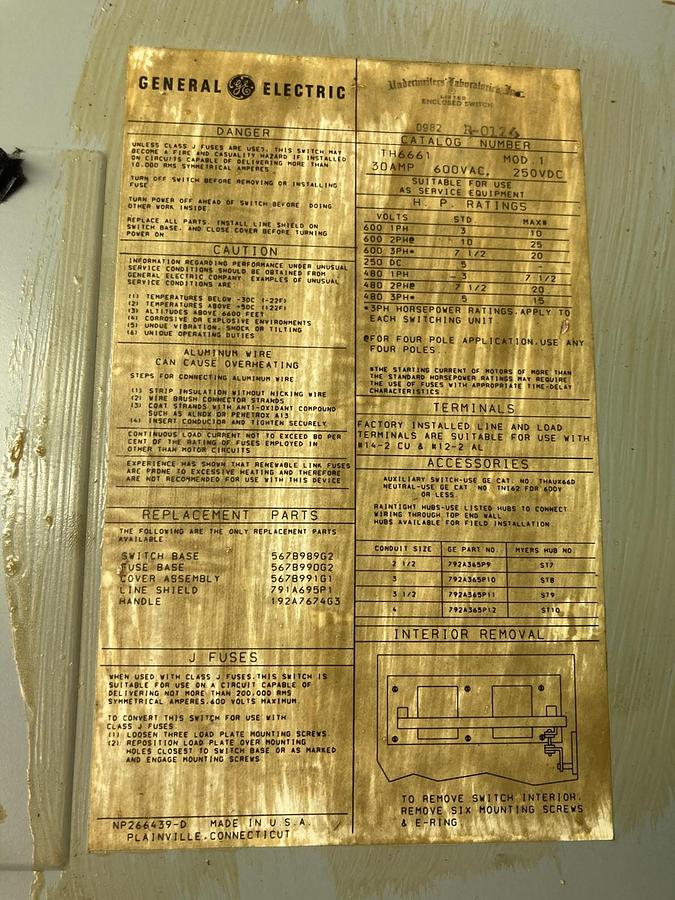 Used General Electric,TH6661,Disconnect Safety Switch 30A 600V 3PH 20HP