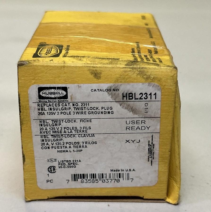 HUBBELL,HBL2311,TWIST LOCK PLUG 20A 125V 2P NOS