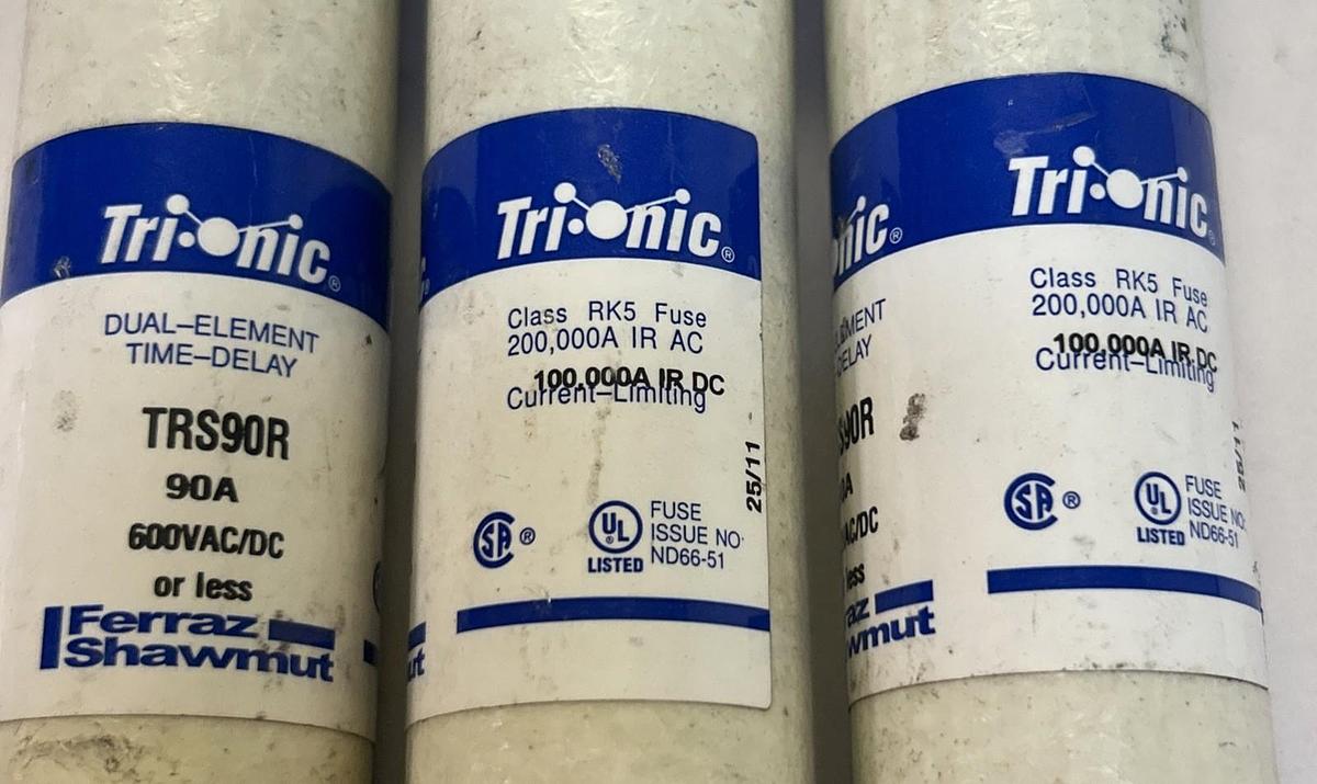 Used FERRAZ SHAWMUT,TRS90R,TIME DELAY FUSE 90A 600V LOT OF 3