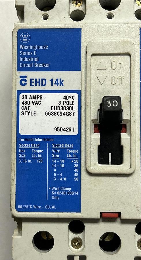 Used WESTINGHOUSE,EHD3030L,CIRCUIT BREAKER 30A 480V 3P