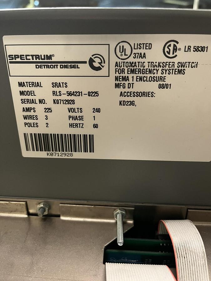 Used SPECTRUM,RLS-564231-0225,AUTOMATIC TRANSFER SWITCH 225A 240V 1PH