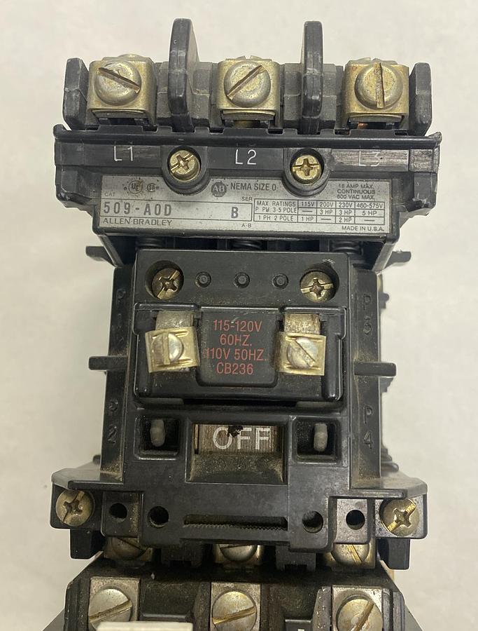 Used ALLEN BRADLEY,509-AOD,SER B NON-REVERSING STARTER SIZE 0 18A 600V W/ OVERLOAD