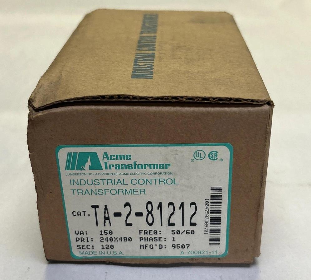 ACME TRANSFORMER,TA-2-81212,CONTROL TRANSFORMER 150VA 240X480V PRI 120V SEC NOS