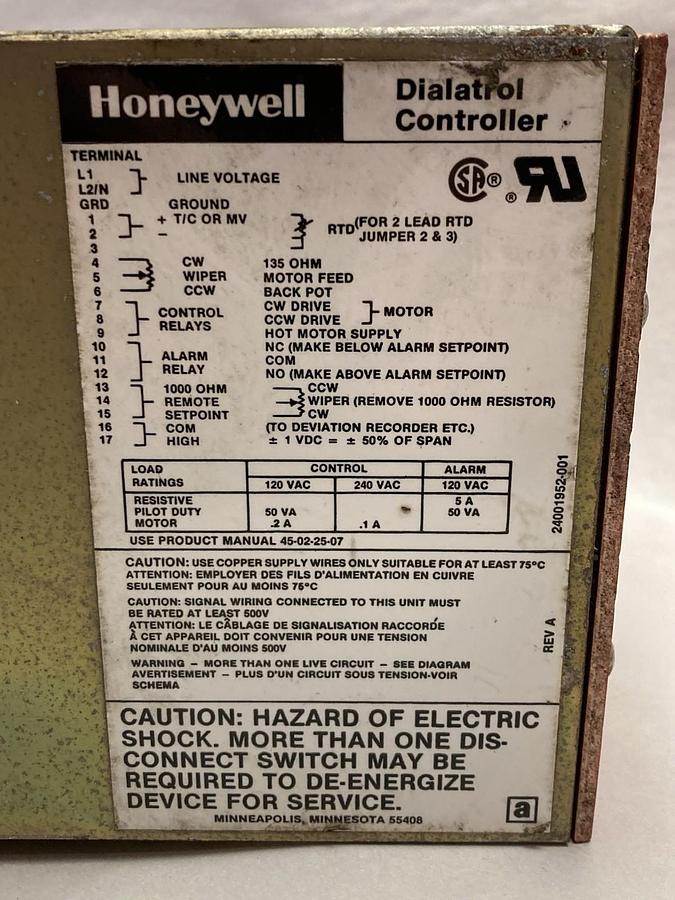 Used Honeywell,24001952-001,Dialatrol Controller Range 0-200 Rev A