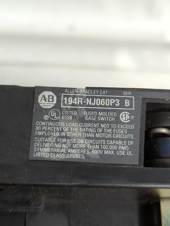 Used ALLEN BRADLEY,194R NJ060P3,ROTARY DISCONNECT SWITCH 3-POLE PRE-OWNED