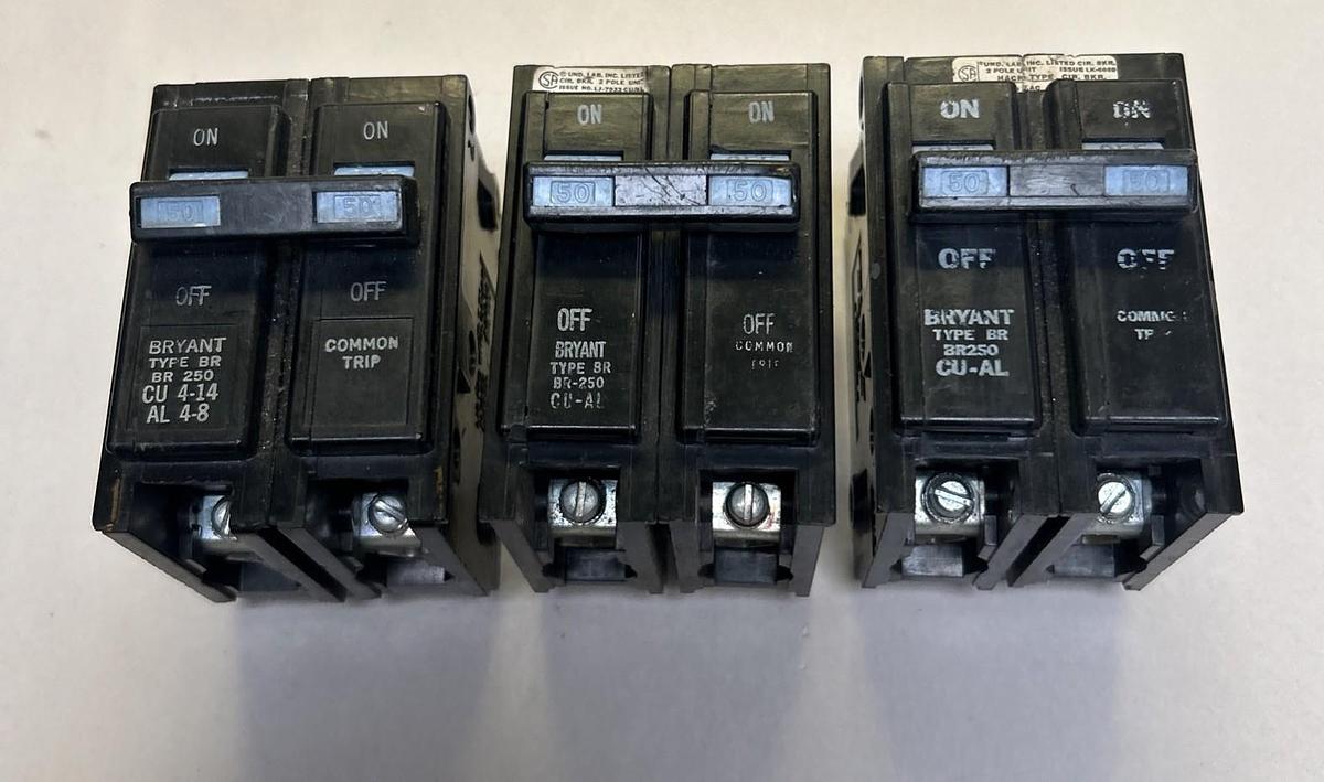 Used BRYANT,BR250,CIRCUIT BREAKER 50A 120/240V 2P LOT OF 3