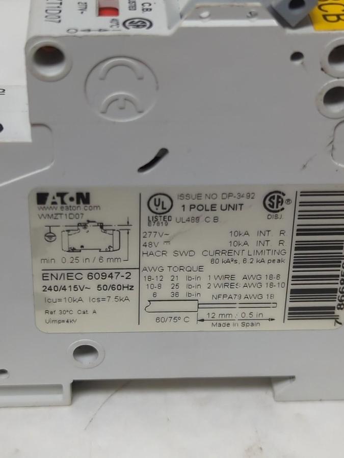 Used EATON,WMZT1D07,1-POLE 7 AMP CIRCUIT BREAKER LOT OF 2 PRE-OWNED