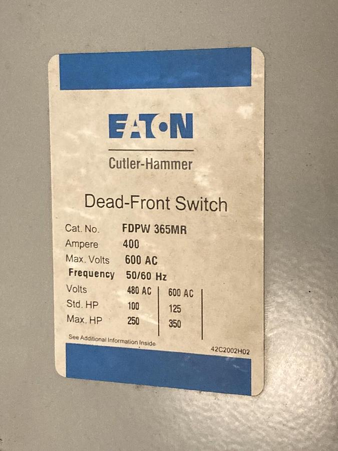 Eaton Cutler-Hammer,FDPW 365MR,Panel Mount Switch 400A 600V 50/60 Hz